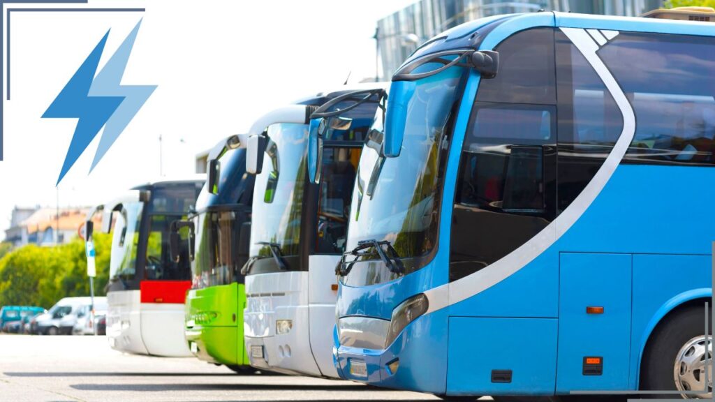 Fleet of electric buses in a row