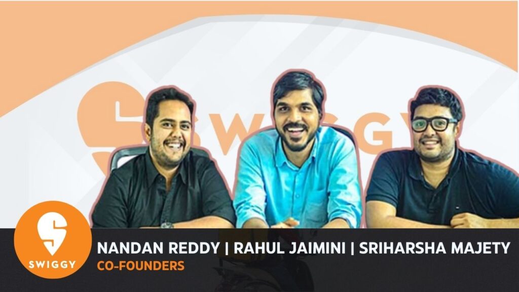 Swiggy co-founders Sriharsha Majety, Nandan Reddy, and Rahul Jaimini.