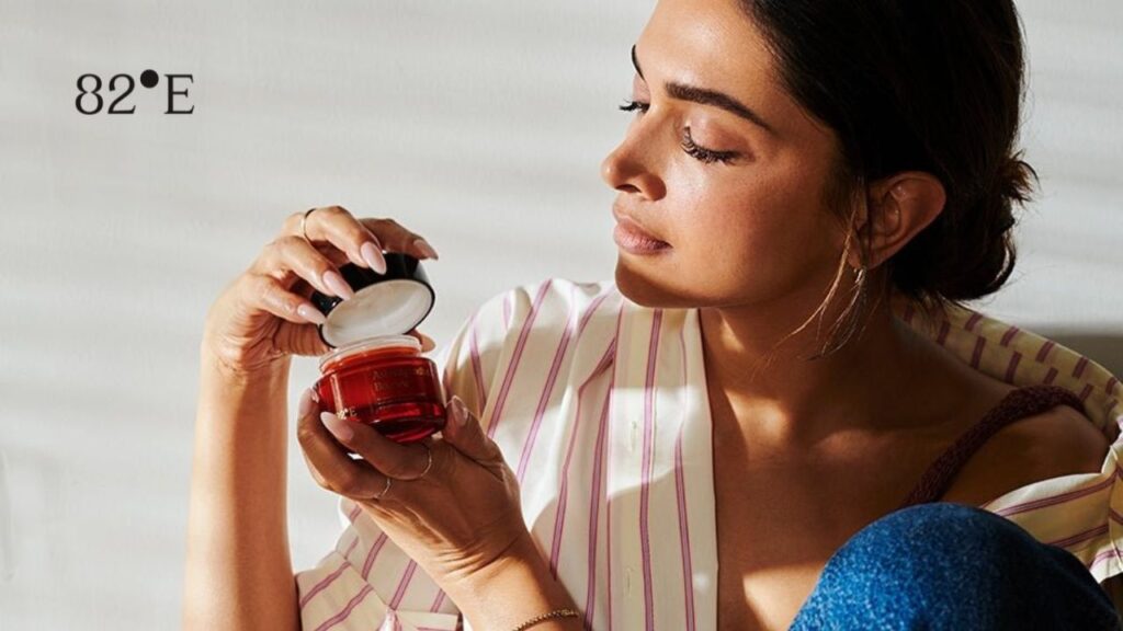 Deepika Padukone with her skincare startup 82°E products