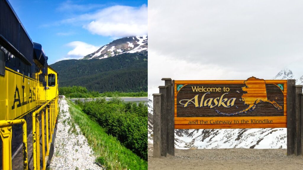 Two images: one is Alaska Train and the second is a board displaying Alaska.