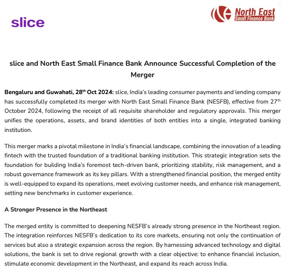 Slice merger with north east small finance bank