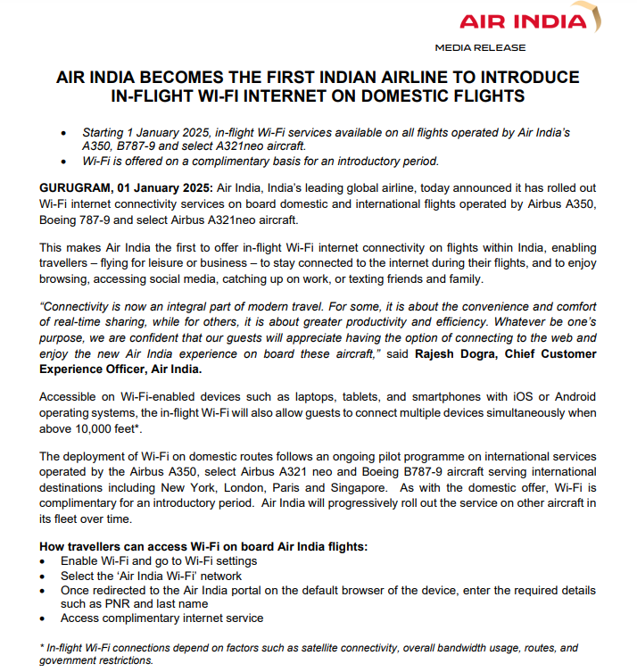 Air India becomes the first Indian airline to introduce in-flight Wi-Fi internet on domestic flights